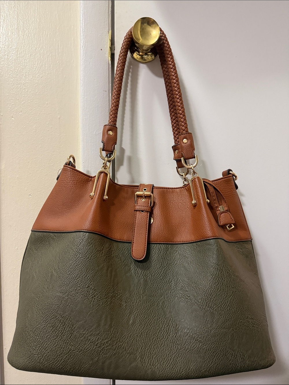 Two-Tone Shoulder/ crossbody Tote Bag in Brown and Olive. Extra options for wear
